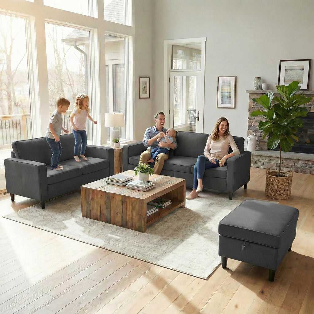 Mjkone 78"W 3 Pieces Sofa Couches Set for Living Room Sets Furniture, Sectional L Shaped 3-Seater Small Sofas Couch and Loveseat Sets with Storage Ottoman and Side Pockets for Home Office, Light Gray