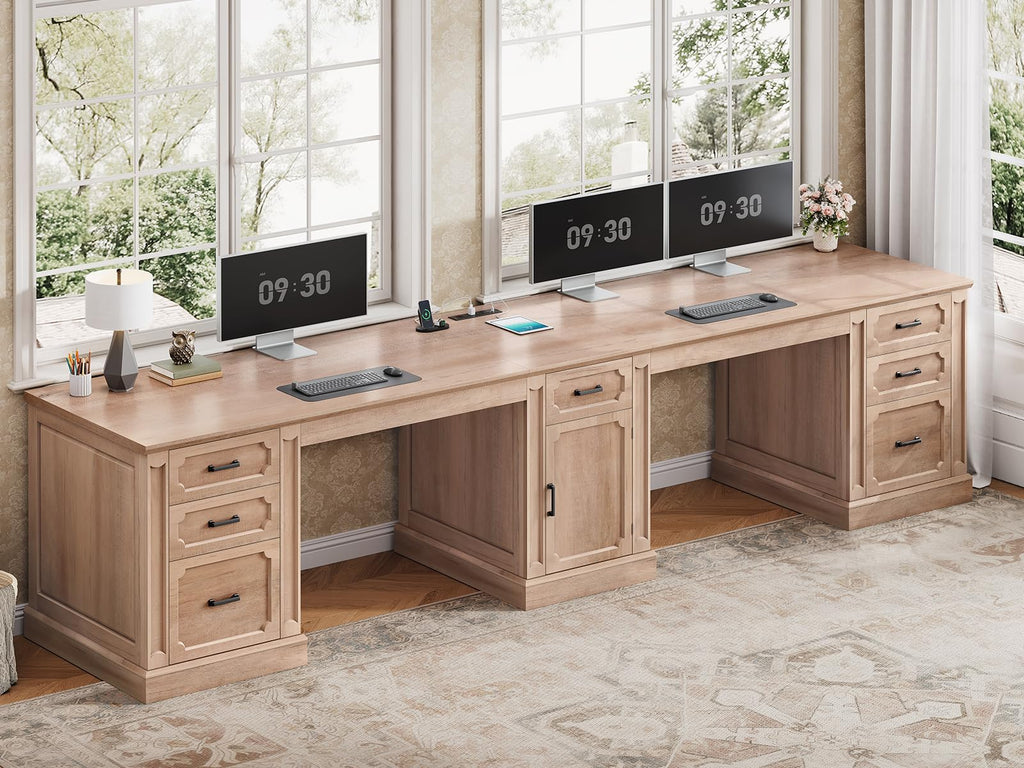 SEDETA Farmhouse 70.9" Executive Desk, Home Office Desk with File Drawers and Storage Cabinet, Computer Desk with Power Outlet for Home Office, Work Study Writing, Black+Brown