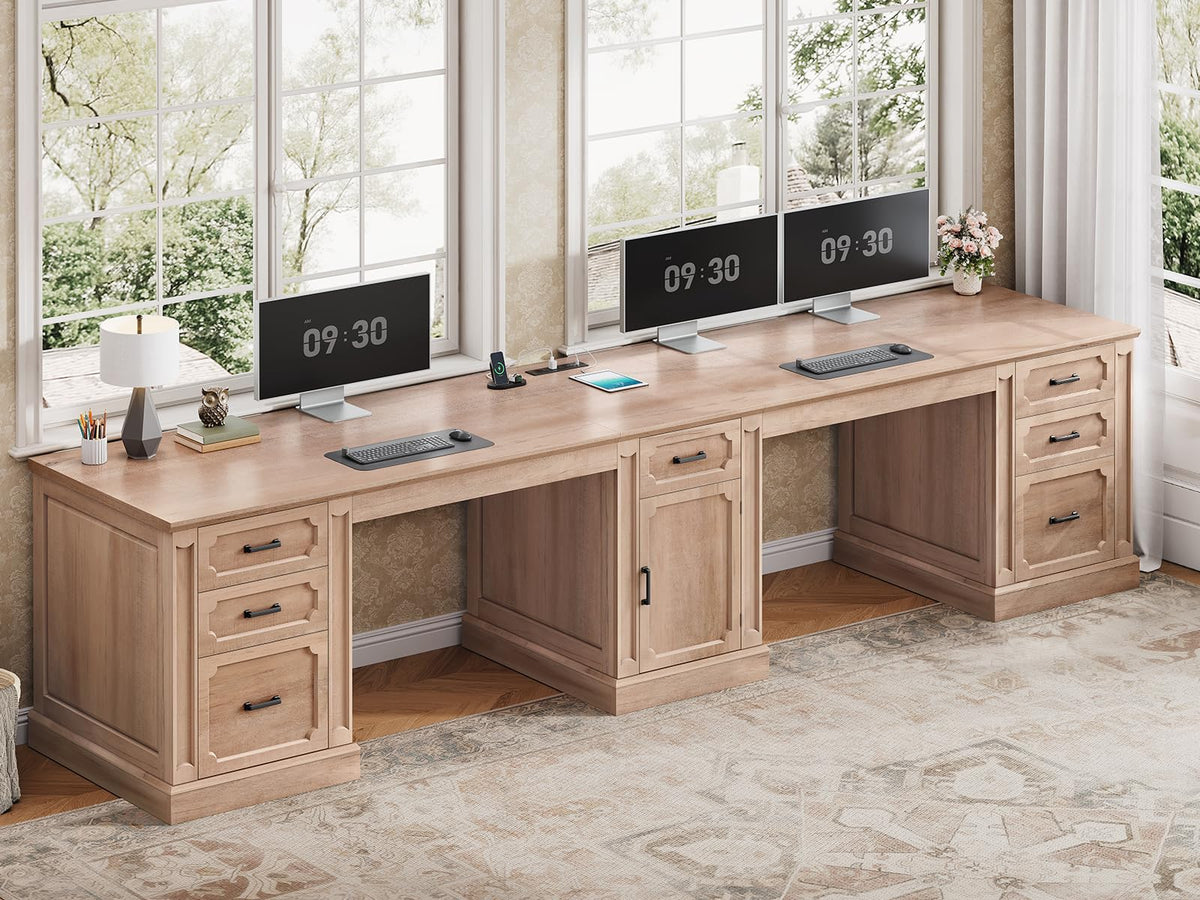 SEDETA Farmhouse 70.9" Executive Desk, Home Office Desk with File Drawers and Storage Cabinet, Computer Desk with Power Outlet for Home Office, Work Study Writing, Black+Brown