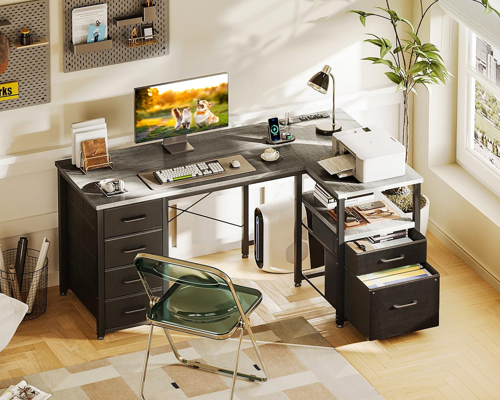 Coleshome 55 Inch L Shaped Office Desk with 6 Drawers, Power Outlet, White