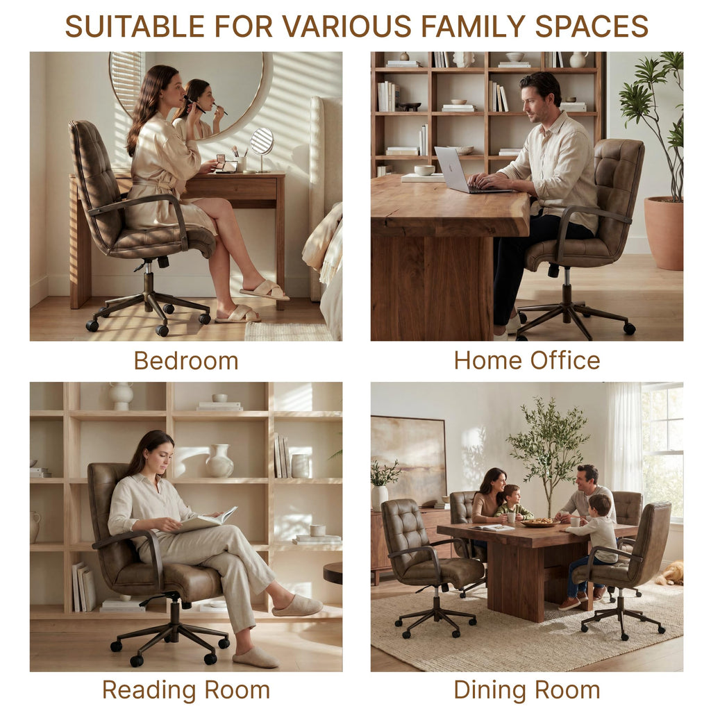 KISLOT Home Office Desk Chair, Ergonomic Office Chair with Lumbar Support, Adjustable Swivel Computer Chair with Wheels, Faux Leather Executive Task Chair with Wood Arms, Set of 2, Brown