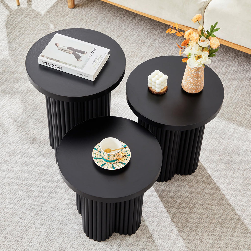 Round Nesting Coffee Table Set of 3 Fluted Coffee Table (Natural)