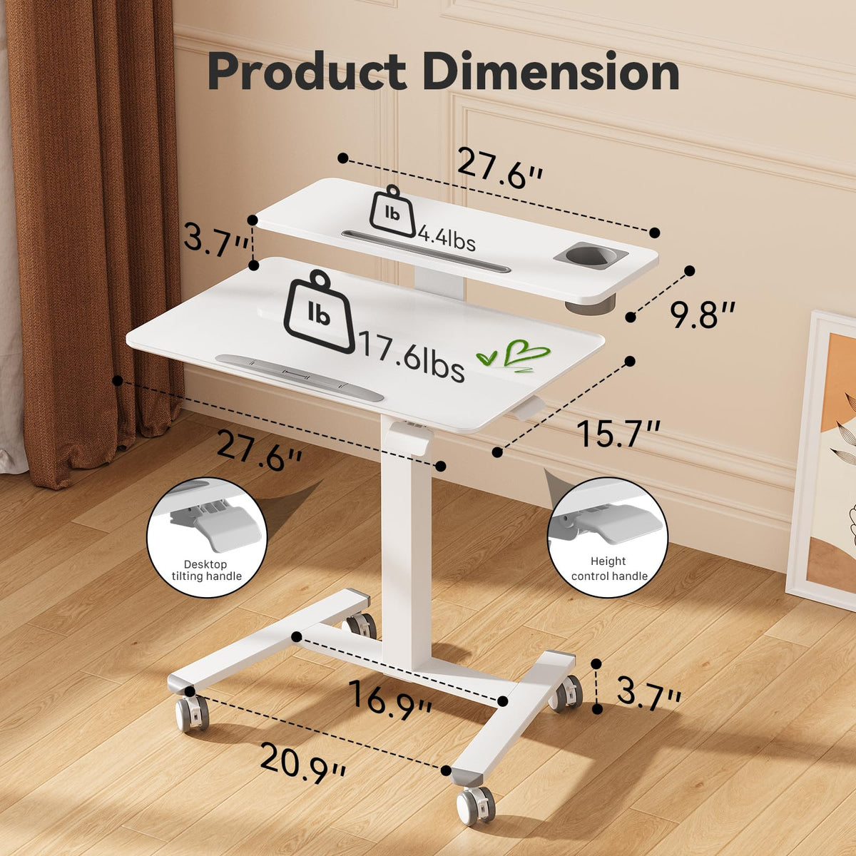 28" Mobile Standing Desk, Tiltable Top with 2-Tier Shelves, White