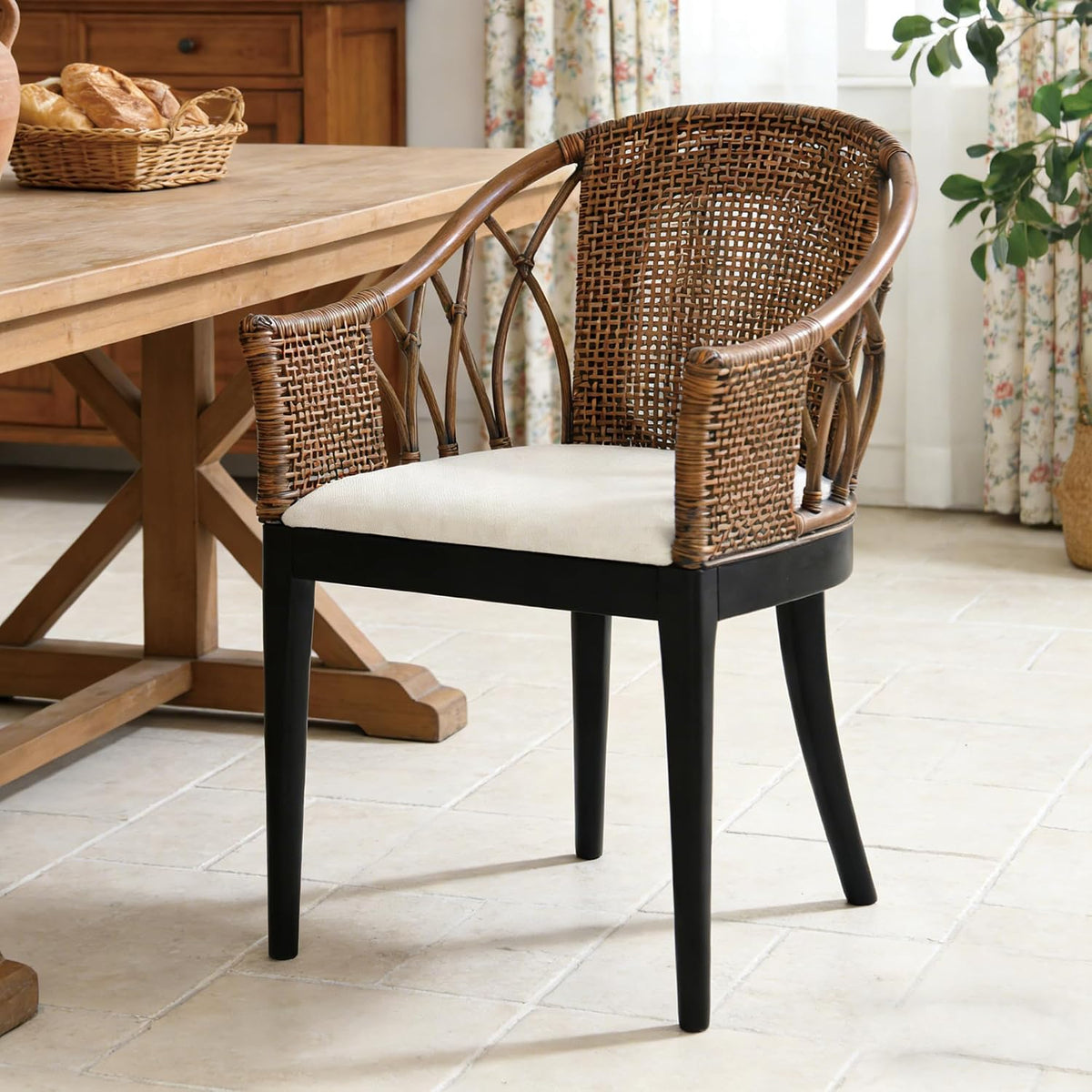 DUHOME 2 Sets Wood Rattan Arm Accent Chairs Natural Wash/White Cushion
