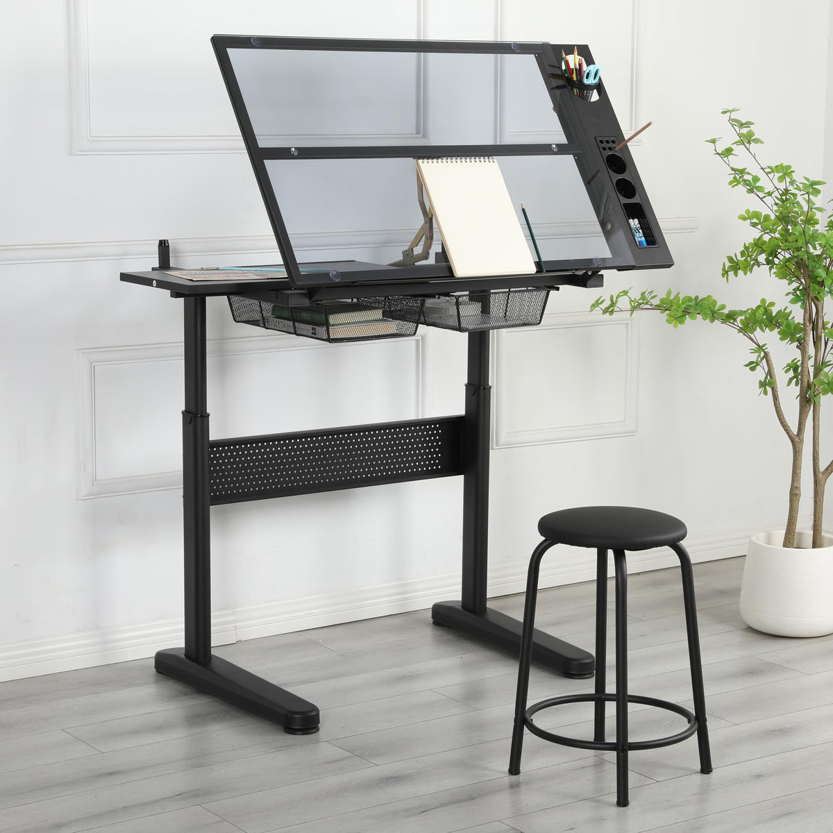 Adjustable Drawing Table for Artists | Drafting Desk with Tilted Glass Top | Art & Craft Table for Adults (Black, Classic Pro-27.16''- 35.82'' H)