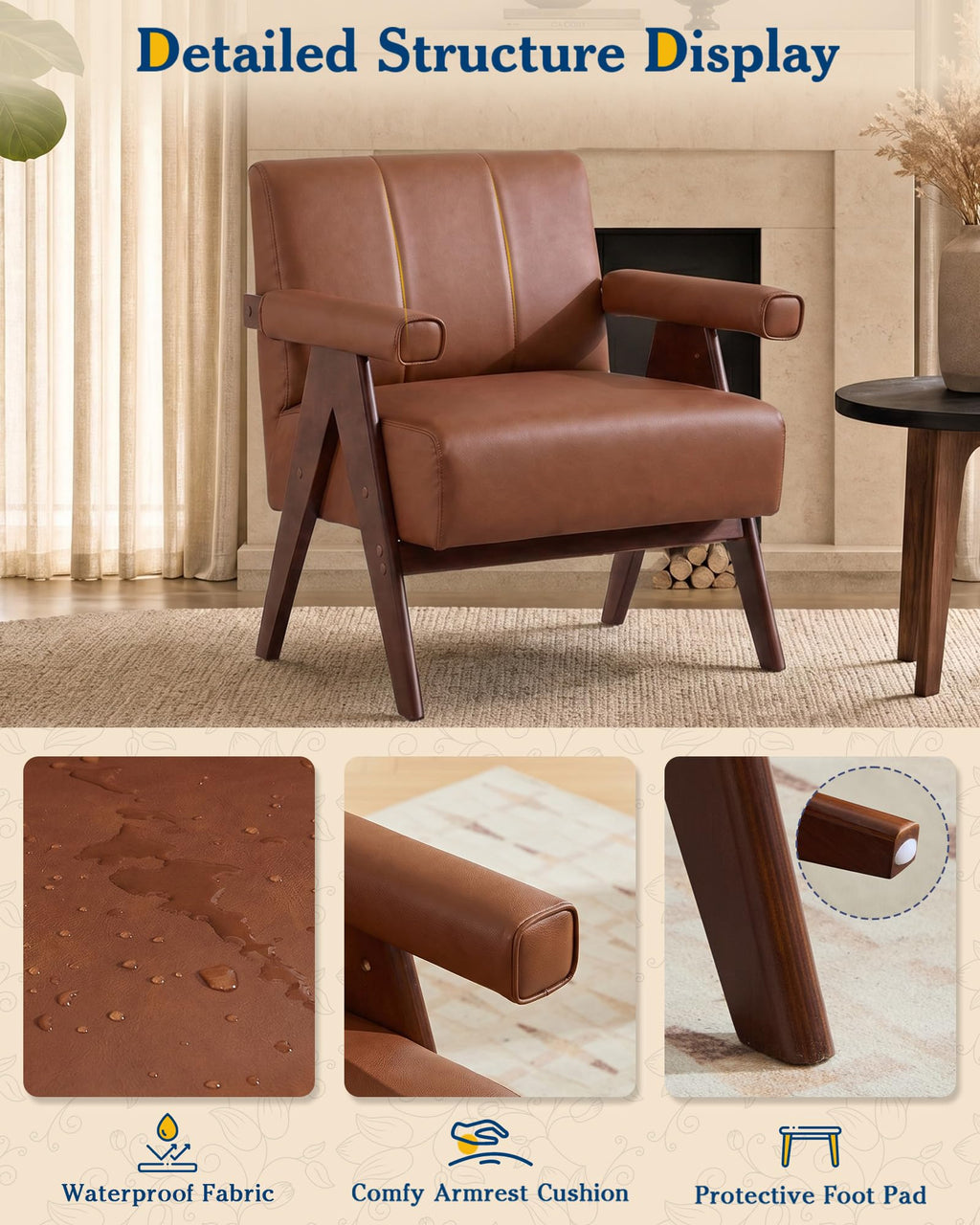 Mid Century Modern Black Faux Leather Accent Chair Set 2 Solid Wood Frame
