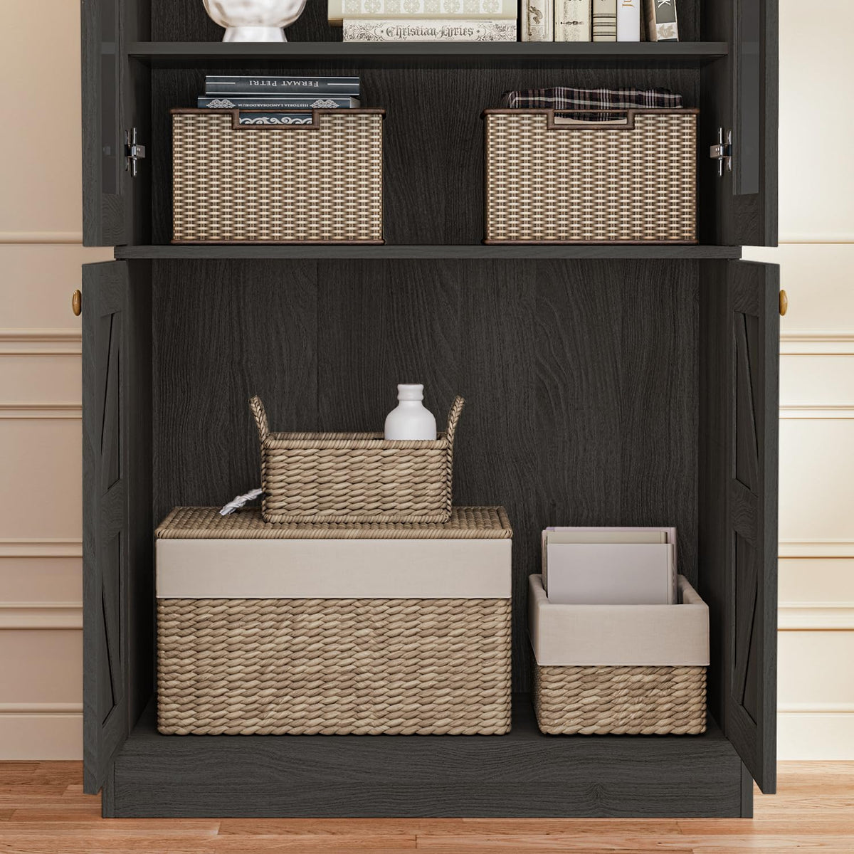 Vyre 71" Tall Farmhouse Bookshelves with Drawers, Set of 3 â Large Modular Bookcase with Adjustable Shelves, Storage Cabinet for Living Room, Kitchen, Home Office, Brown