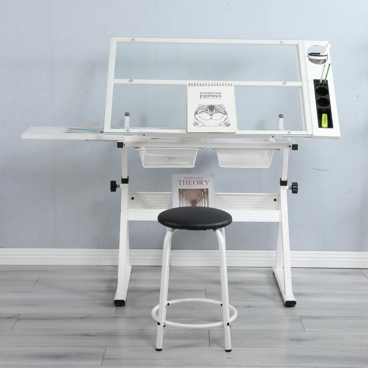 Drafting Table with Storage and Stool, Glass Art Desk for Adults Adjustable Height with 2 Metal Drawers, Craft Drawing Table Artist Desk with Extra Desktop for Reading/Writing/Studying (Black)