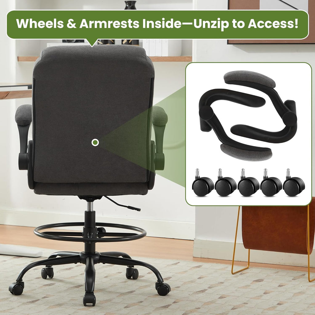 Drafting Chair Tall Office Chair for Standing Desk, Ergonomic Tall Desk Chair with Adjustable Foot Ring, Flip-Up Armrests, Lumbar Support, Swivel Rolling Task Chair for Home Office