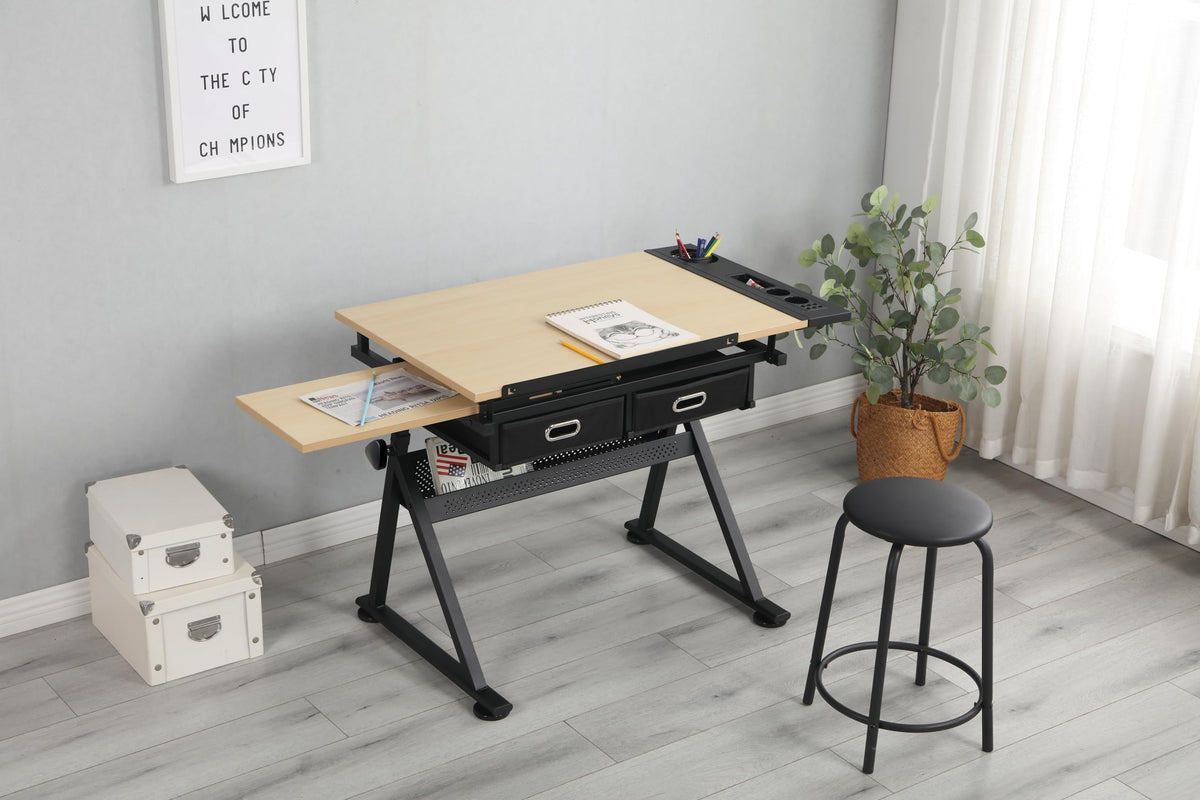 Height Adjustable Drafting Table with Stool, 0-75Â° Tilting Drawing Desk Artist Desk with 2 Storage Drawers, Watercolor Art Workstation for Home Office Drawing, Painting, Crafting, Writing, Sketching