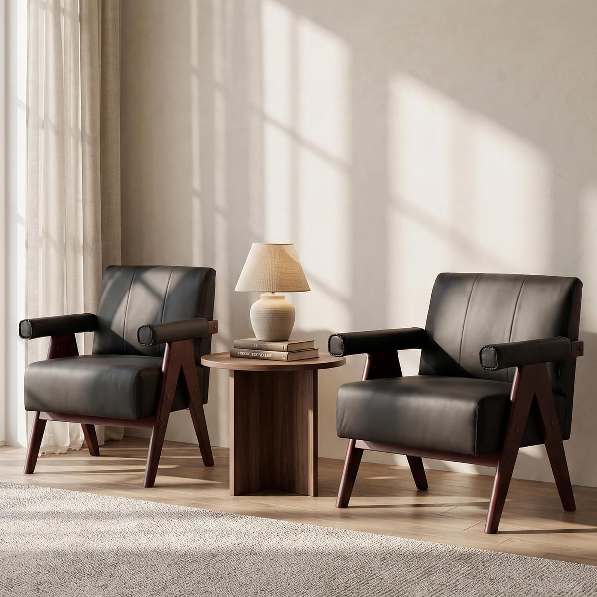 JIASTING Mid Century Modern Accent Chair Set of 2, Black Leather Armchair