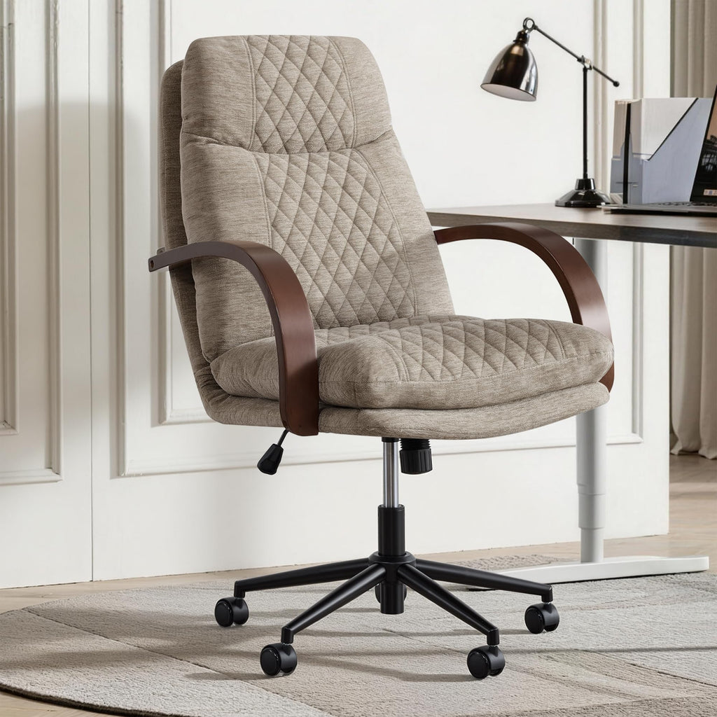 KISLOT Home Office Desk Chair, Ergonomic Office Chair with Lumbar Support, Adjustable Swivel Computer Chair with Wheels, Faux Leather Executive Task Chair with Wood Arms, Set of 2, Brown