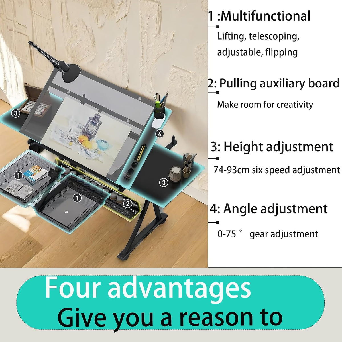 Donfafecuer Adjustable Drafting Table for Adults Professional Art Table 2 Storage Drawers Height Adjustable Home Office Reading Painting Tempered Glass Top Modern Black Design