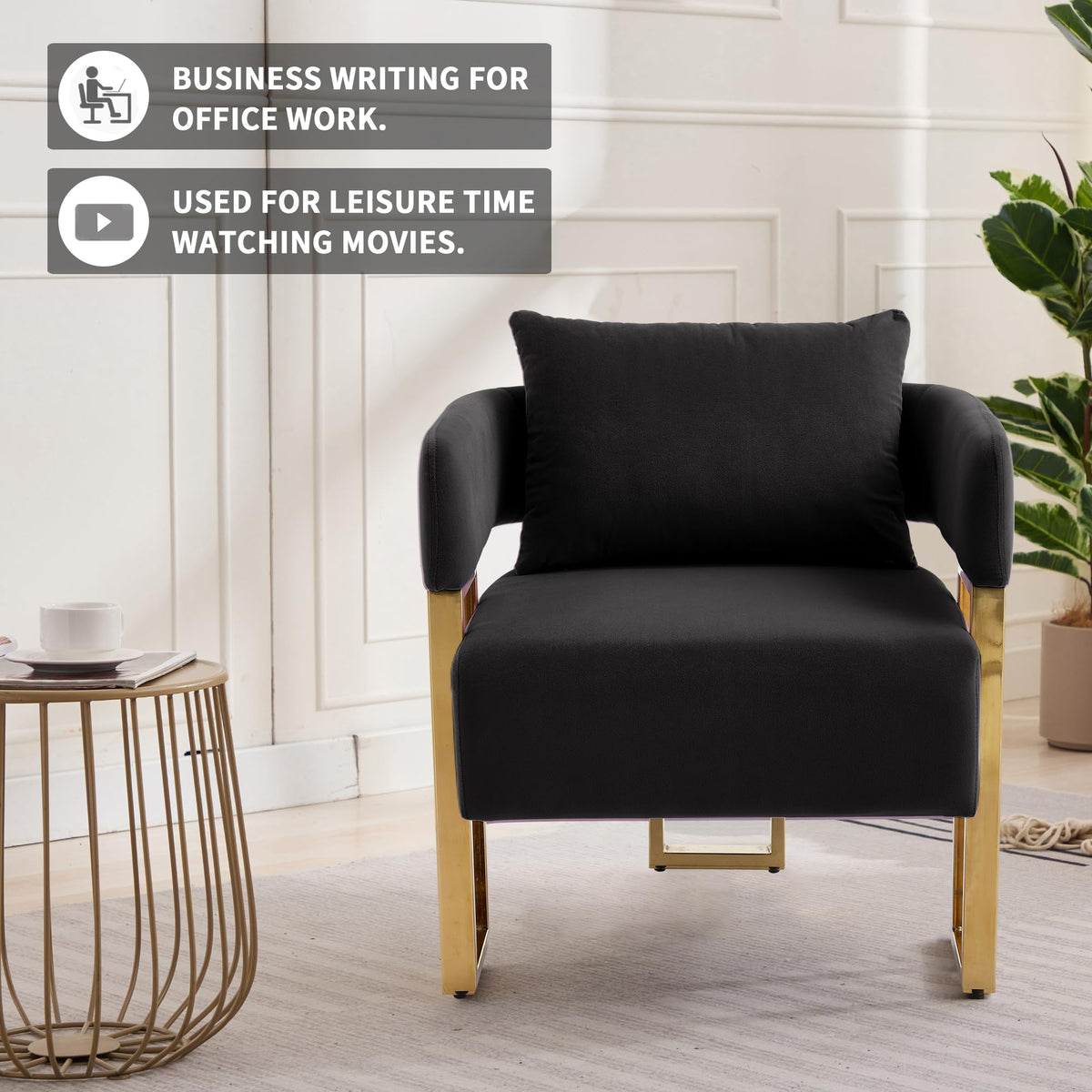 YISHENG Modern Barrel Accent Chairs Set of 2, Living Room Side Chairs with Golden Metal Legs Soft Upholstered Reading Armchairs no Wheels for Vanity/Reception Room//Bedroom/Lounge/Office,Black Teddy