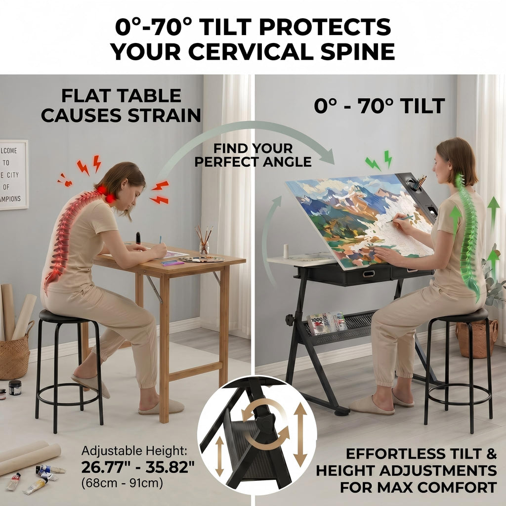 Adjustable Drawing Table with 3 Drawers & Stool, for Art & Work