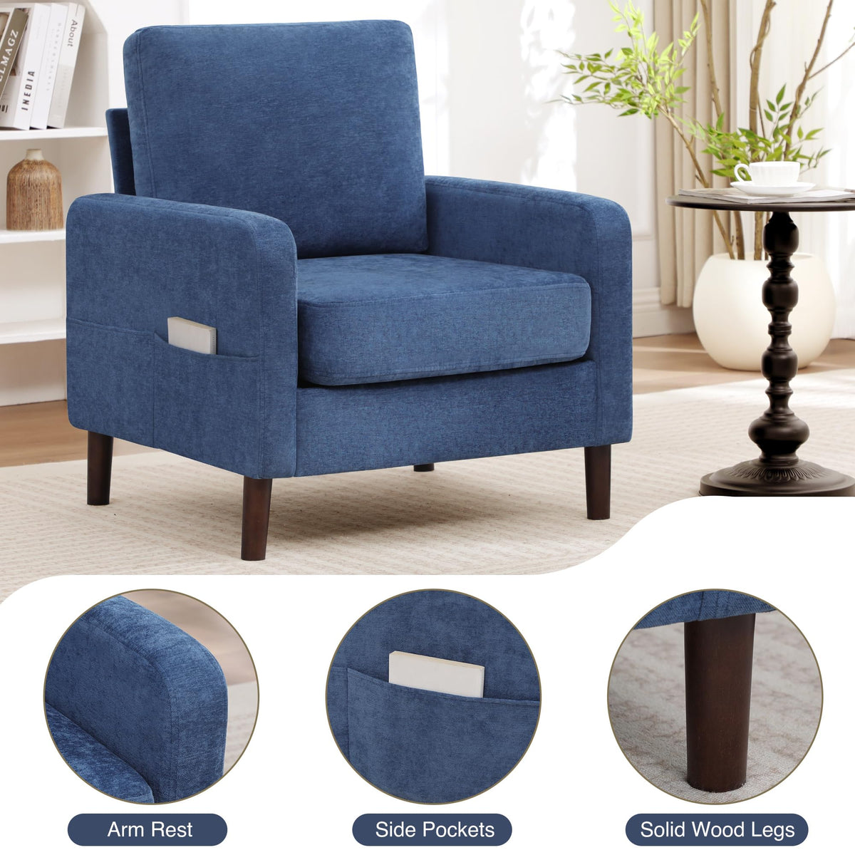 Accent Chair Set of 2, Upholstered Living Room Chairs with Wood Legs and Side Pockets, Modern Reading Chair for Bedroom, Armchair Single Sofa Side Chair for Office, Small Room, Dark Grey