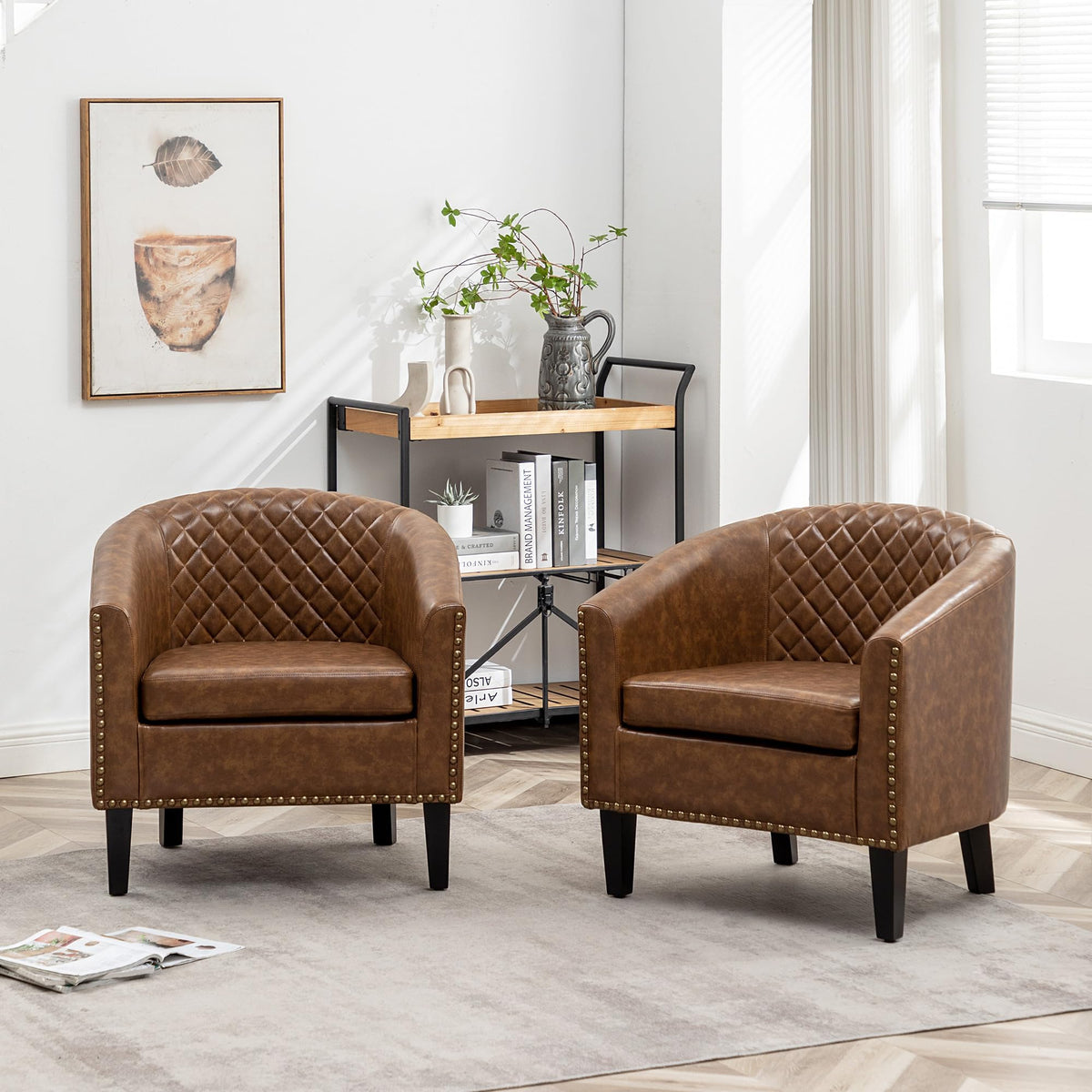KINWELL 29" W Faux Leather Tufted PU Barrel Club Chairs Set of 2, Black