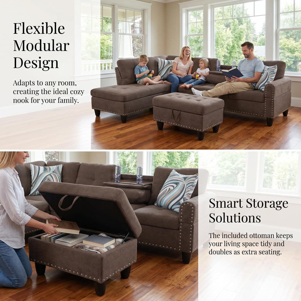 97.5" Leather L Shaped Couch with Left Chaise & Cup Holder, Sectional Sofas Modular Furniture Set with Storage Ottoman, Convertible Couches for Living Room, Office & Small Space (Black)