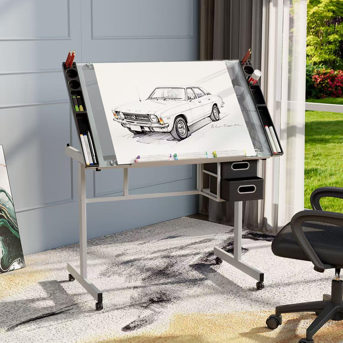OS MOTOR Adjustable Height Drafting Table with Wood Top, Art Craft Desk with Slide-Out Drawers, Storage, for Drawing, Writing, Painting, and Creative Tasks, Ideal for Home Office, Natural