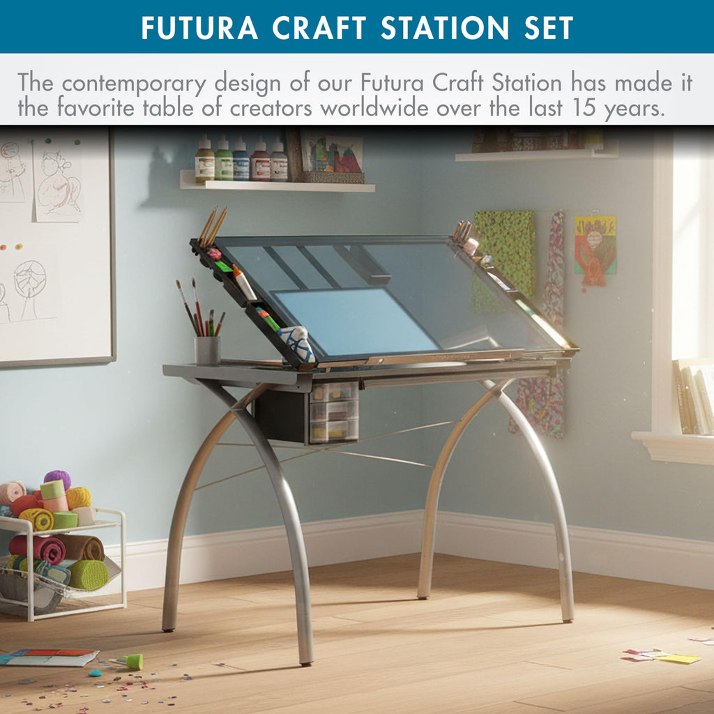 SD Studio Designs 10096 Futura Station with Folding Shelf Top Adjustable Drafting Craft Drawing Hobby Table Writing Studio Desk with Drawer, 35.5'' W x 23.75'' D, White/Clear Glass