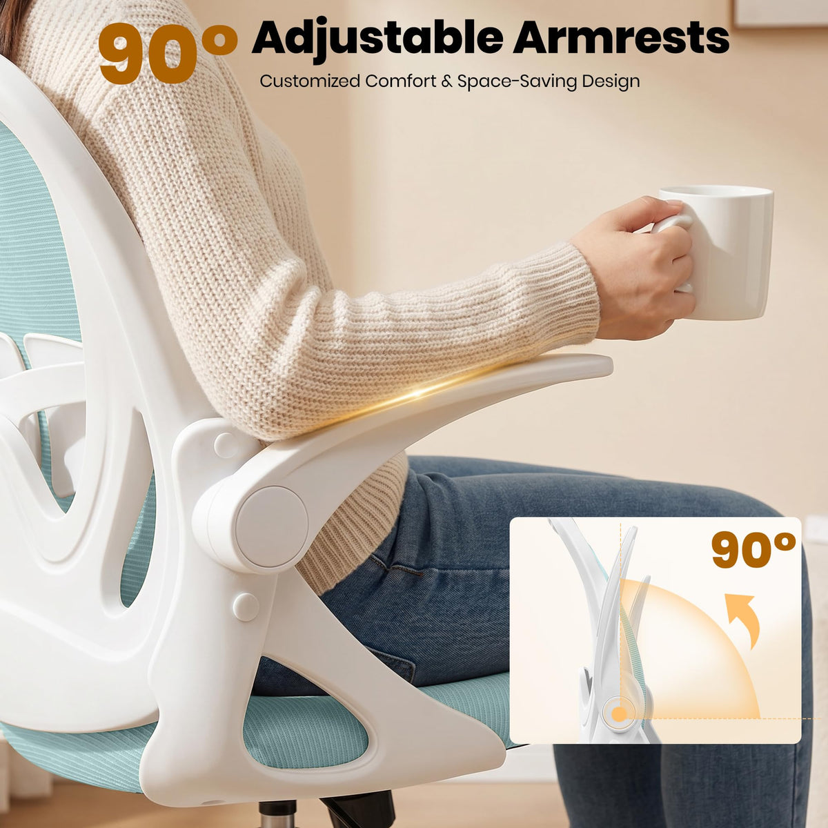 Drafting Chair Tall Office Chair with Flip-up Armrests, Adjustable Height, and Enhanced Lumbar Support - Ergonomic Rolling Stool, Back Support, and Adjustable Foot Rest Ring for Standing Desk White