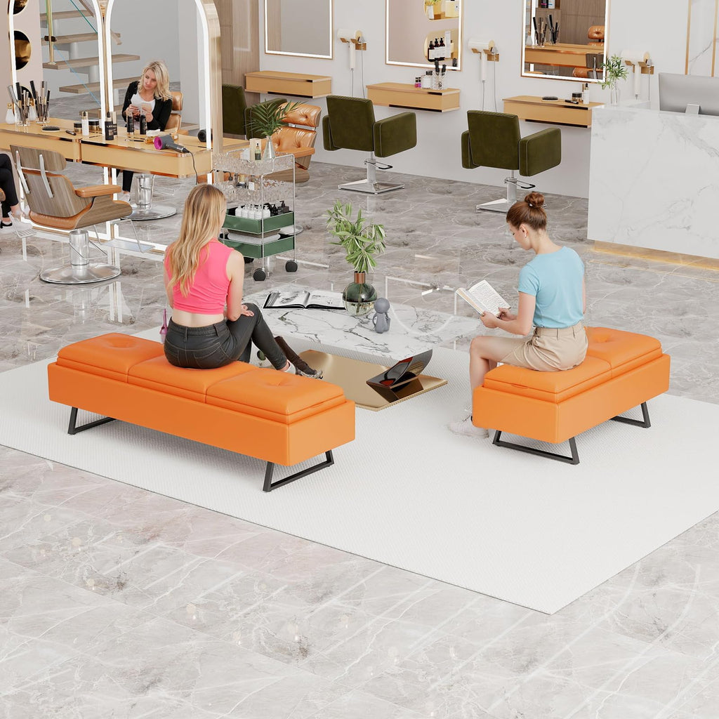 MOTION Leather Bench Waiting Room Chairs - 3 Seat Office Guest Reception Bench with Cushion, Waiting Room Bench Seating, Office Furniture Lobby Chairs for Salon, Shop, Set of 2, Orange
