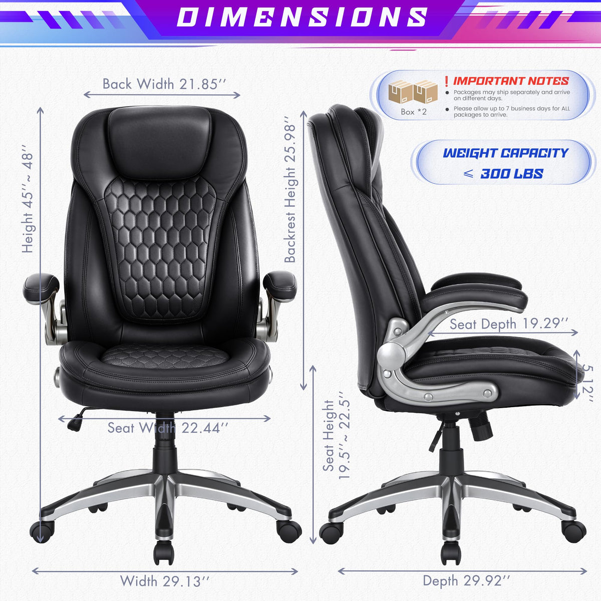 COLAMY High Back Executive Office Chairs, Ergonomic PU Leather Desk Chairs with Flip-Up Armrests, Adjustable Height, Lumbar Support, Comfortable Computer Chairs for Home Office, Set of 2