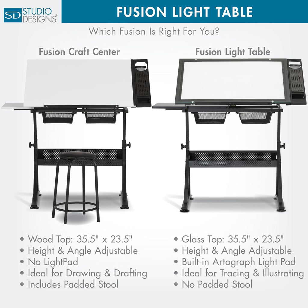 Studio Designs Fusion Drafting Table with Integrated LED Light Pad, Height & Angle Adjustable Tempered Glass Light Table, Artograph Light Pad, Storage Drawers & Side Shelf