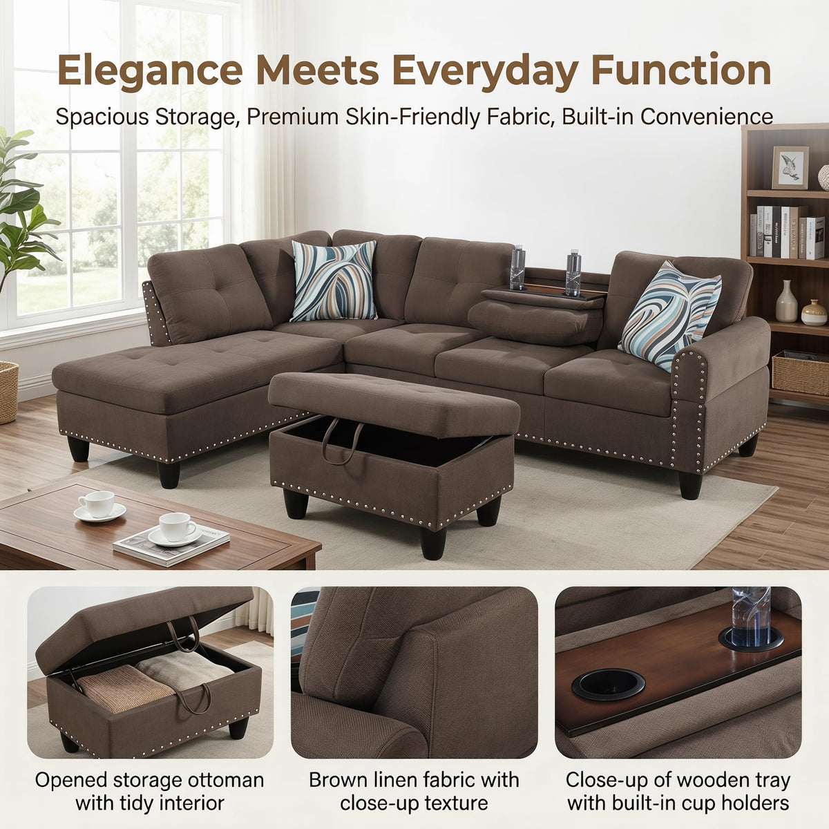 97.5" Leather L Shaped Couch with Left Chaise & Cup Holder, Sectional Sofas Modular Furniture Set with Storage Ottoman, Convertible Couches for Living Room, Office & Small Space (Black)