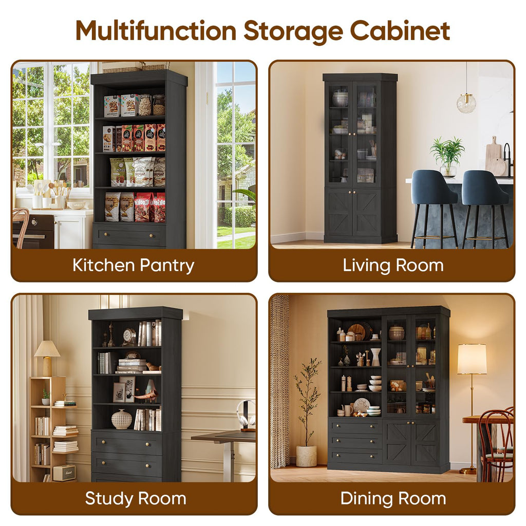 Vyre 71" Tall Farmhouse Bookshelves with Drawers, Set of 3 â Large Modular Bookcase with Adjustable Shelves, Storage Cabinet for Living Room, Kitchen, Home Office, Brown