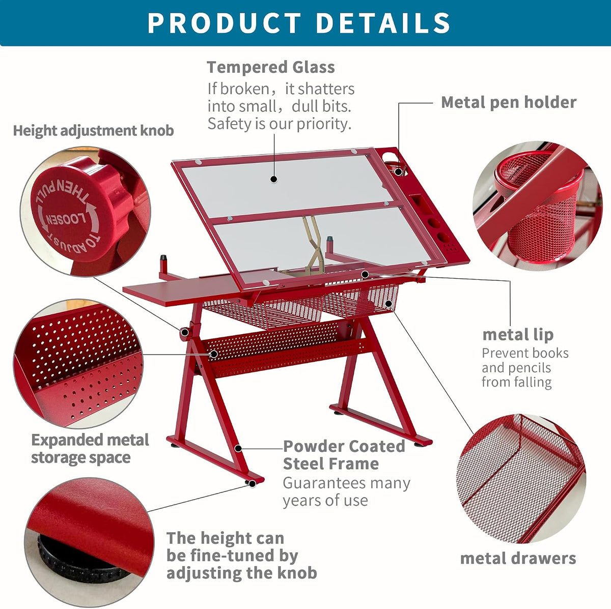 Drafting Table with 2 Metal Storage Drawers & Stool for Adult Teen, Red