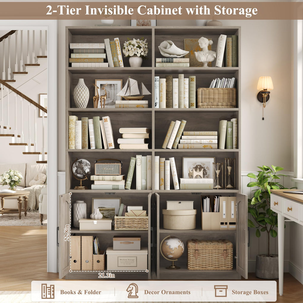 FACBOTALL Bookshelf and Bookcase with Doors, Double Wide Large Bookshelves