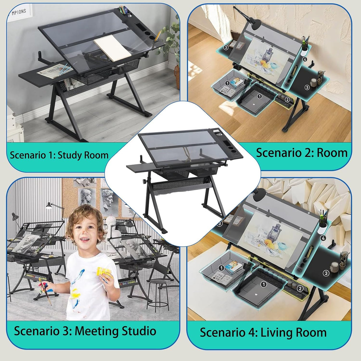 Donfafecuer Adjustable Drafting Table for Adults Professional Art Table 2 Storage Drawers Height Adjustable Home Office Reading Painting Tempered Glass Top Modern Black Design