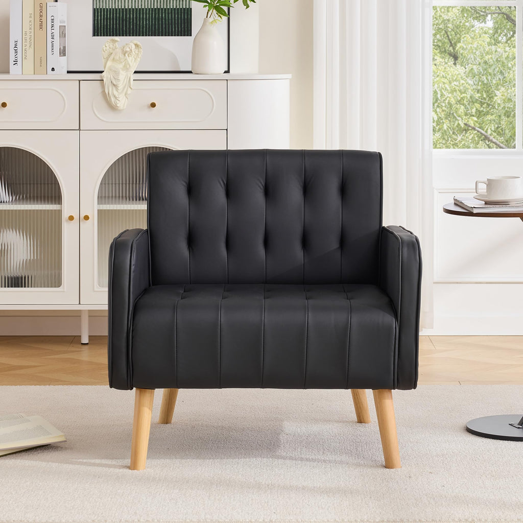 Leather Accent Chair Set of 2, Living Room Chair with Wooden Legs (Black)