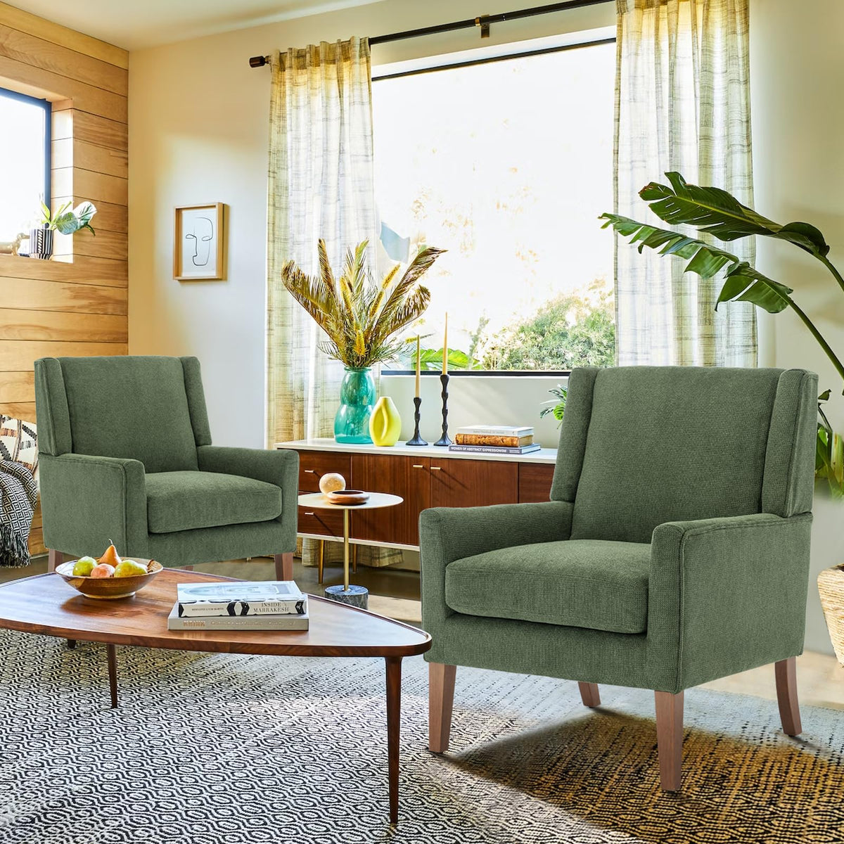 COLAMY Modern Wingback Living Room Chair, Upholstered Fabric Accent Armchair, Single Sofa Chair with Lounge Seat and Wood Legs for Office/Bedroom/Reading Spaces, Beige