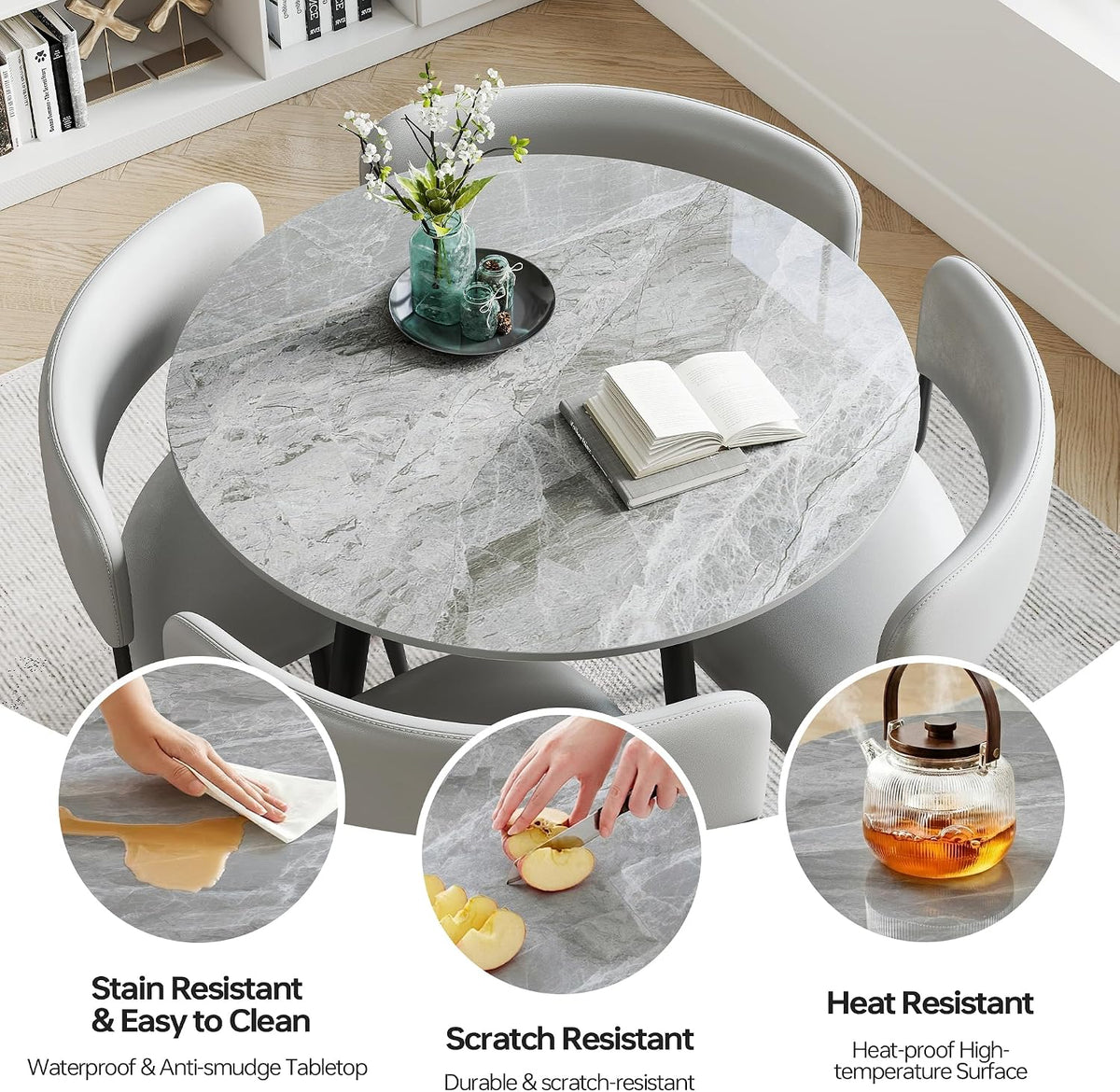 Round Sintered Stone Dining Table Set for 4