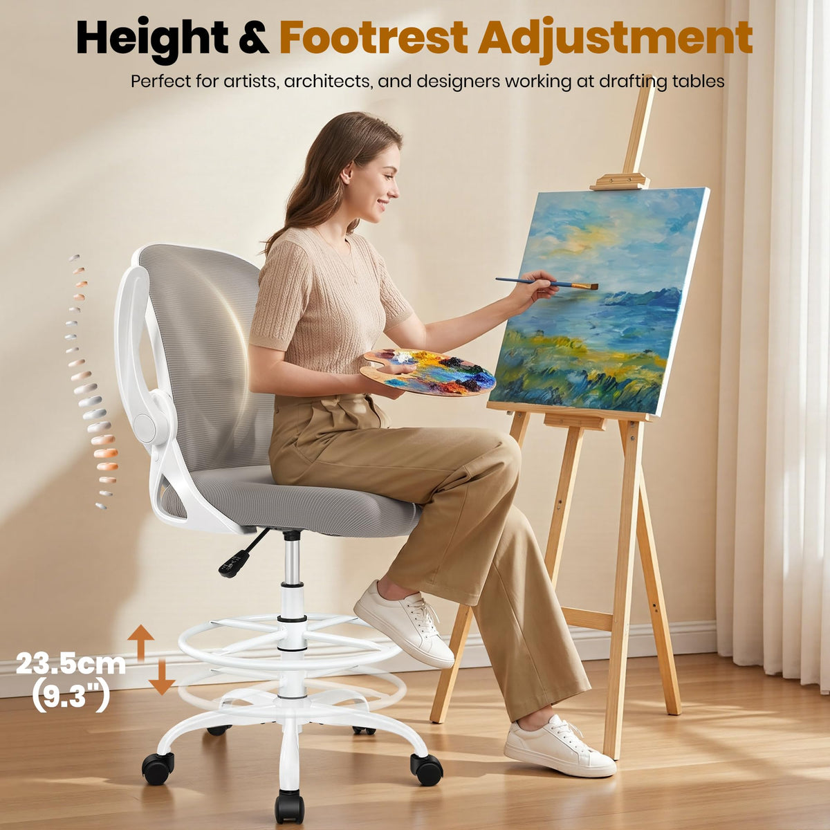 Drafting Chair Tall Office Chair with Flip-up Armrests, Adjustable Height, and Enhanced Lumbar Support - Ergonomic Rolling Stool, Back Support, and Adjustable Foot Rest Ring for Standing Desk White