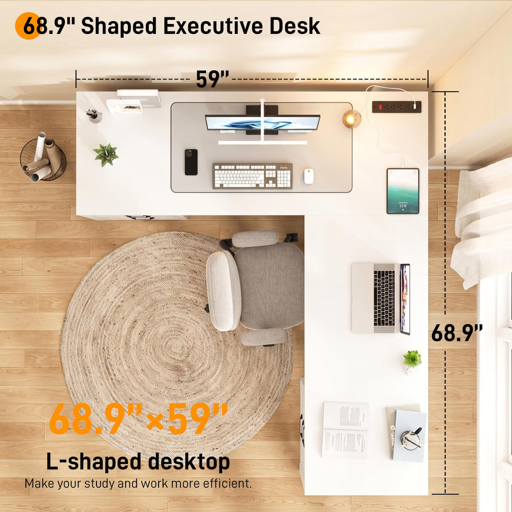 Halitaa Farmhouse Home Office Desk with 6 Drawers, L Shaped Executive Desk with Power Outlets and Triangle Under-Desk Storage Shelf & Drawer File Cabinet, Corner Computer Desk, Grey