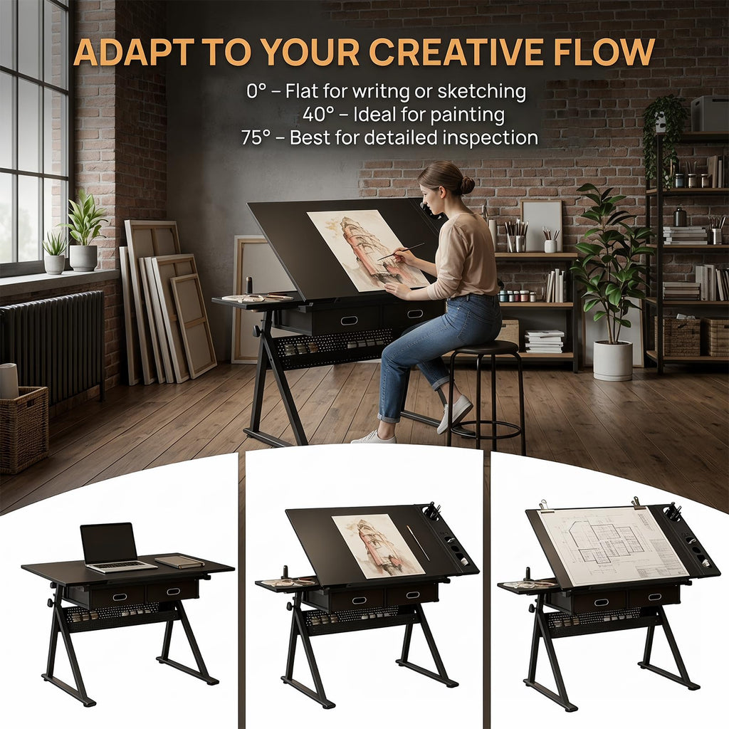 Height Adjustable Drafting Table Drawing Table Artist Desk Tilting Tabletop Art Craft Desk with 2 Storage Drawers and Stool, Art Craft Desk for Artist Painters Drawing Painting (All White)