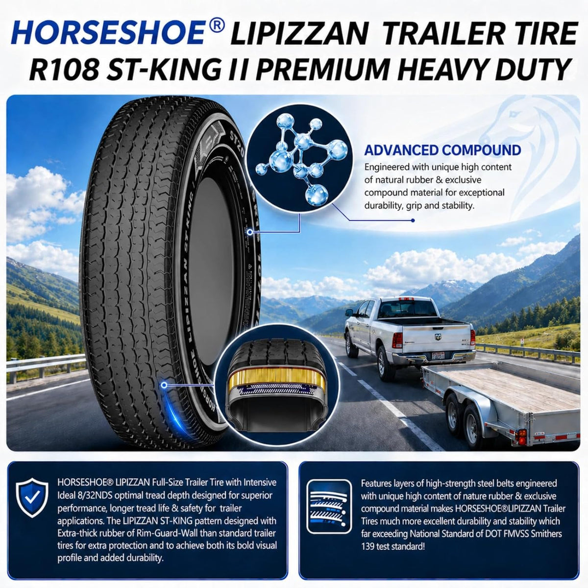 HORSESHOE LIPIZZAN 4 New ST225/75R15 12PR ST-KING II Steel Belted Radial LRF Super Heavy Duty Premium Trailer Tires w/Featured Rim-Guard-Wall 120/115M 81mph BSW 225 7515 A/T A/S (4, ST 225/75R15 12PR)