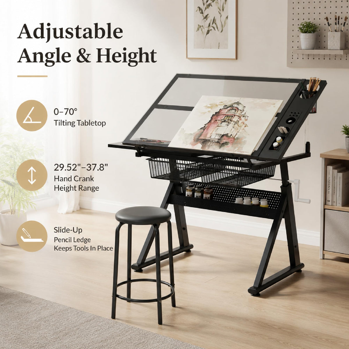 Drafting Table with Storage and Stool, Glass Art Desk for Adults Adjustable Height with 2 Metal Drawers, Craft Drawing Table Artist Desk with Extra Desktop for Reading/Writing/Studying (Black)