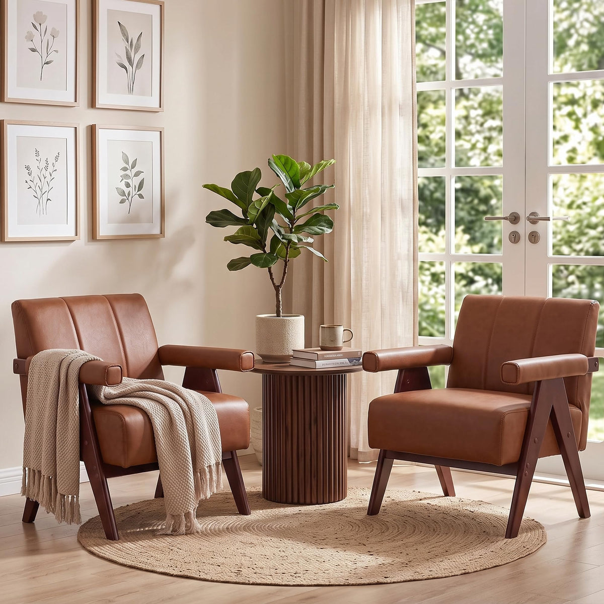 JIASTING Mid Century Modern Accent Chair Set of 2, Black Leather Armchair