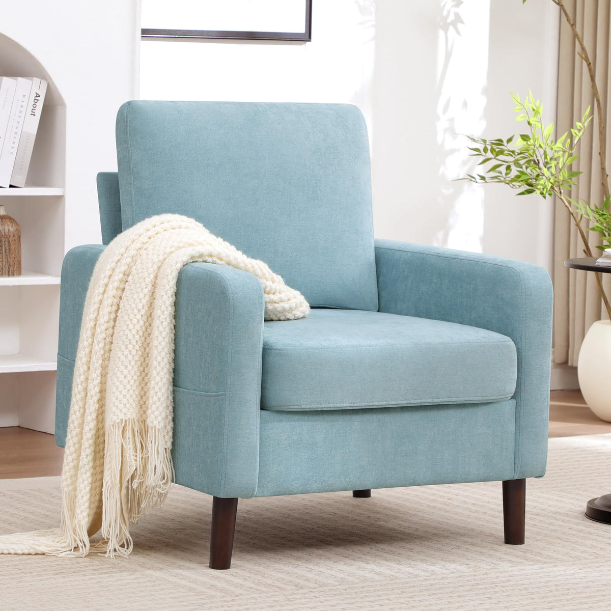 Accent Chair Set of 2, Upholstered Living Room Chairs with Wood Legs and Side Pockets, Modern Reading Chair for Bedroom, Armchair Single Sofa Side Chair for Office, Small Room, Dark Grey