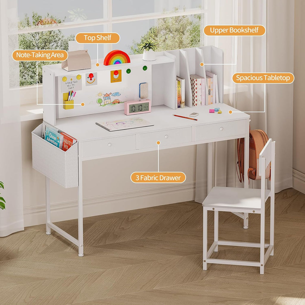 Kids Desk and Chair Set, 6-12, Study Desk with Hutch and Storage