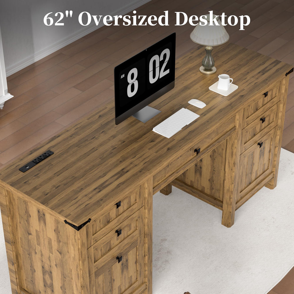 62" Executive Desk Home Office Desk with File Drawer & Cabinet