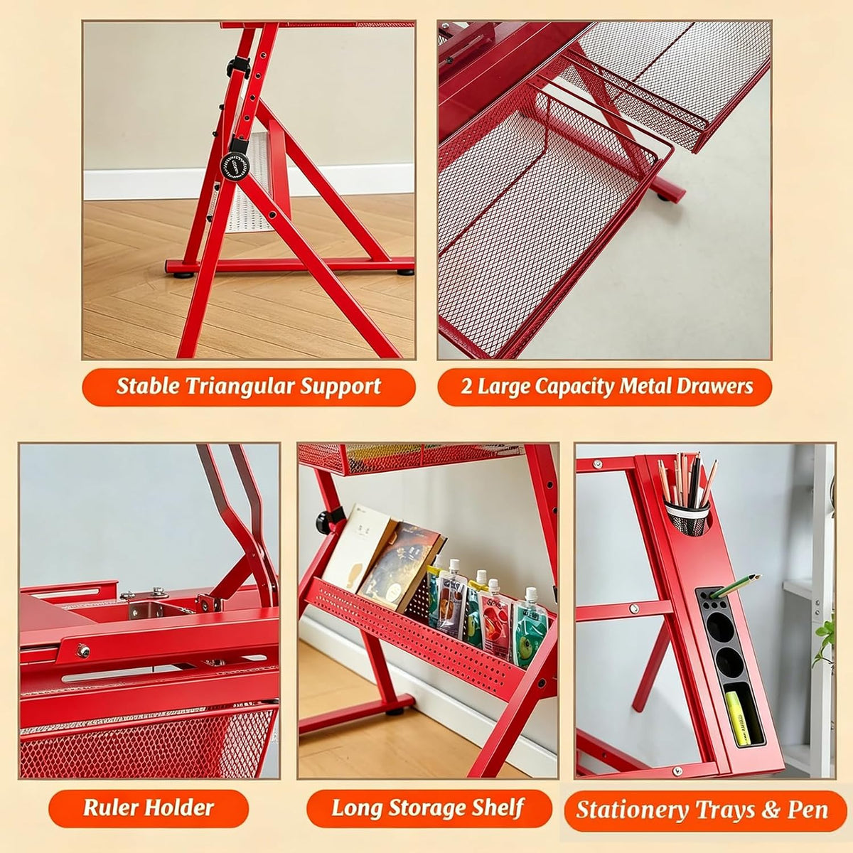Drafting Table with 2 Metal Storage Drawers & Stool for Adult Teen, Red