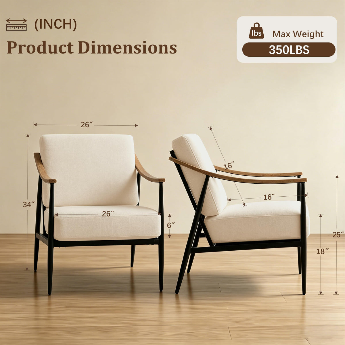RNKSFX Modern Accent Chairs Set of 2 for Living Room Bedroom Mid Century Arm Chairs Upholstered Office Accent Chairs Comfy Waiting Room Chairs with Metal Frame, Beige