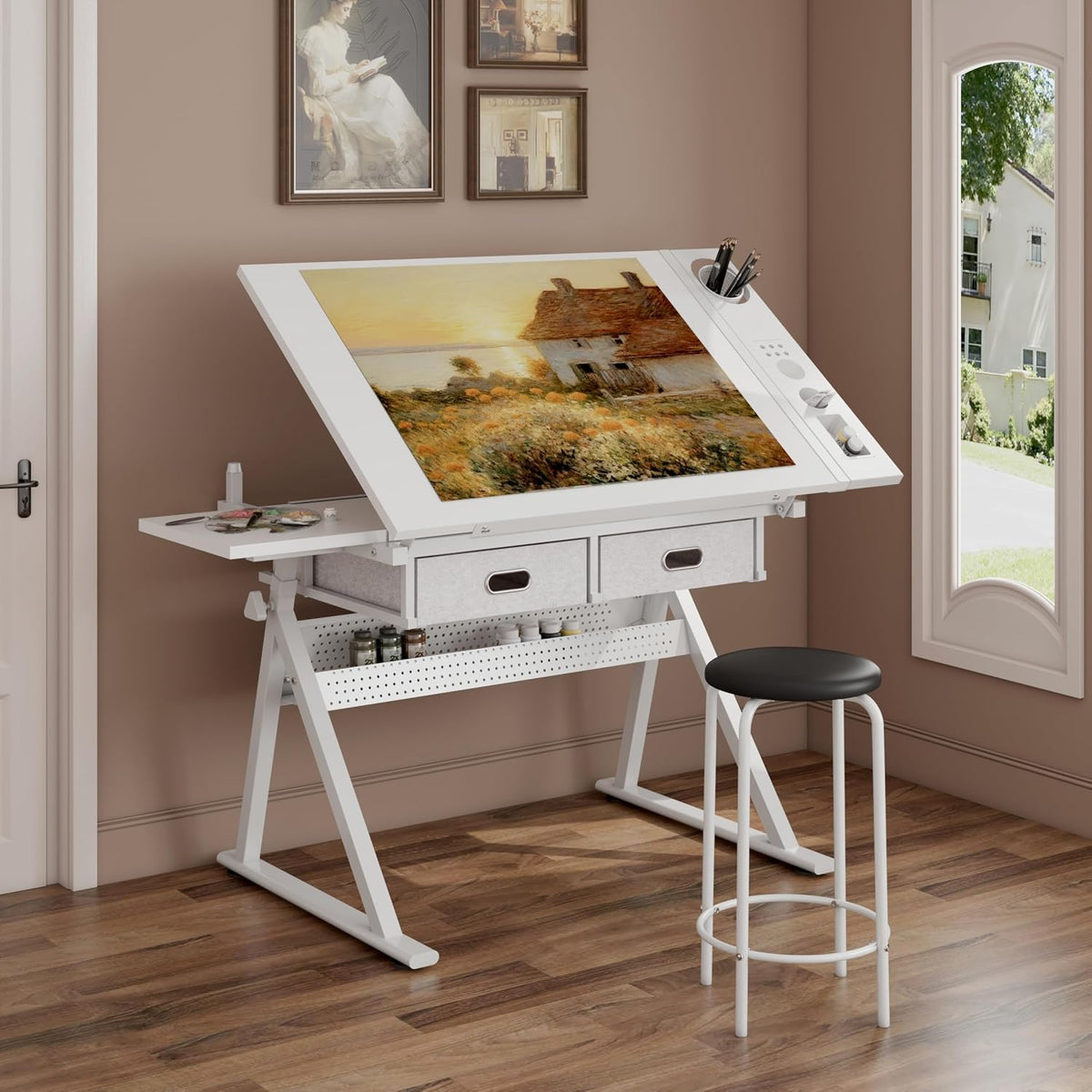 Height Adjustable Drafting Table with Stool, Drawing Art Desk with 2 Drawers, Artist Table with 75Â° Tilted Tabletop, Sketching Painting Artwork Station for Home Office School Reading, Crafting, White