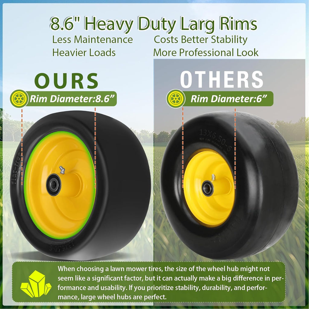 2 Pcs 13x6.50-6 Lawn Mower Tires Flat Free with 3/4" 1/2" 5/8" Bearings