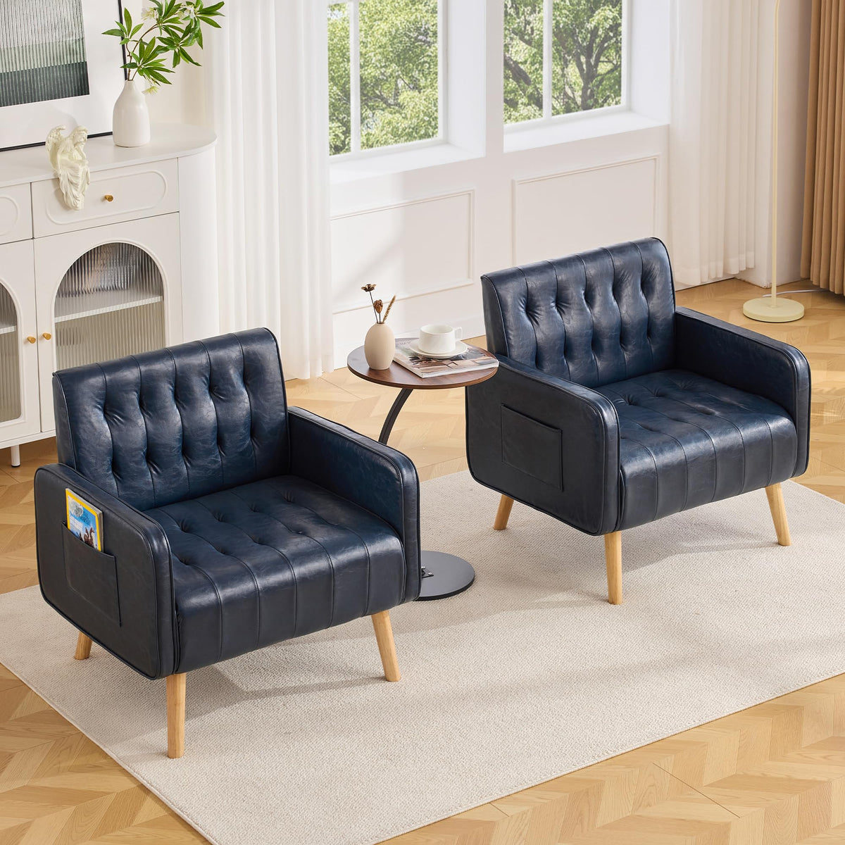 Leather Accent Chair Set of 2, Living Room Chair with Wooden Legs (Black)
